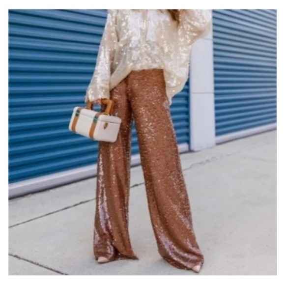 Zara women NWT long light brown/tan sequin pants. Ref: 7901/265 size: medium - Picture 4 of 7